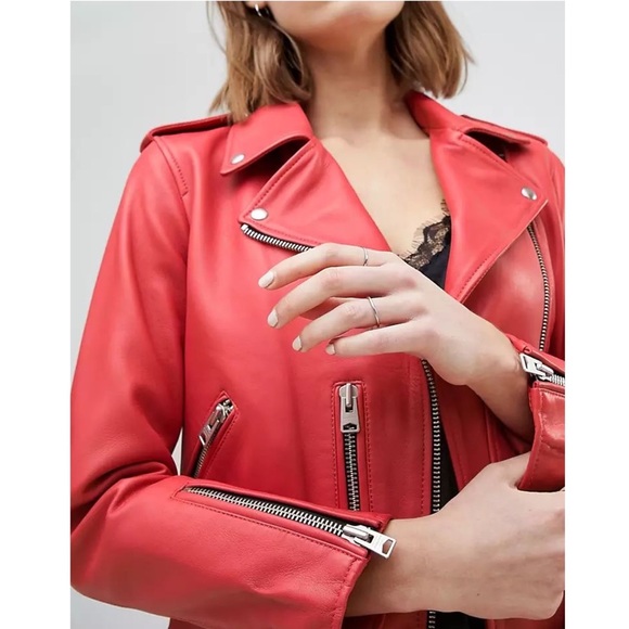 AllSaints Balfern Belted Coral Red Leather Biker Jacket Size 6 - Picture 7 of 16
